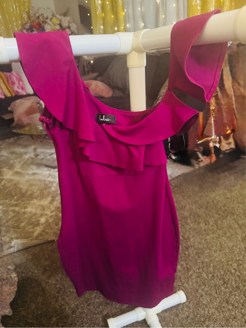 Lulu's Fuchsia One-Shoulder Ruffle Sheath Dress